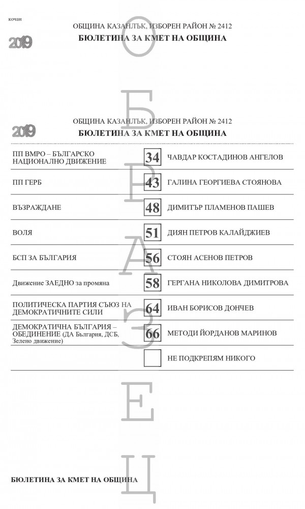 Ето как ще изглеждат бюлетините за местните избори в Казанлък
