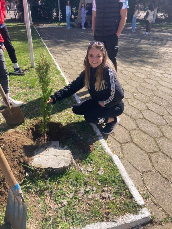 Десетокласници от ПХГ “Св. Св. Кирил и Методий“ засадиха дръвчета в двора на гимназията