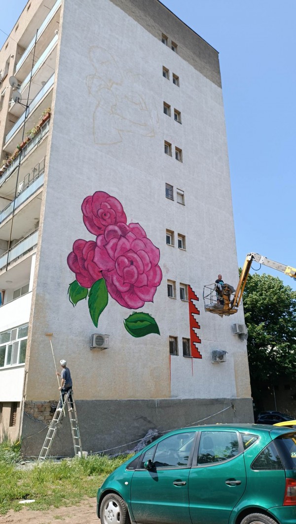 Шевици и рози красят фасадата на осем етажен блок в Казанлък