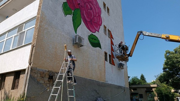 Шевици и рози красят фасадата на осем етажен блок в Казанлък