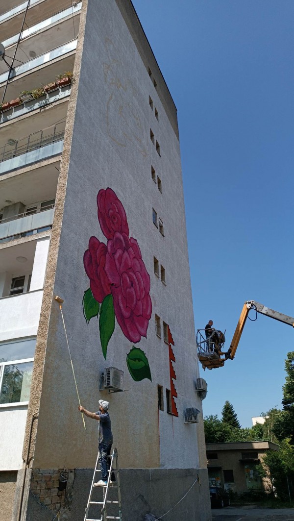 Шевици и рози красят фасадата на осем етажен блок в Казанлък