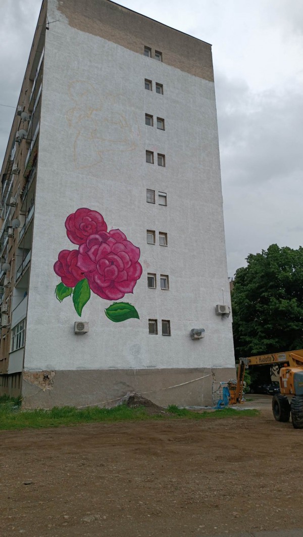 Шевици и рози красят фасадата на осем етажен блок в Казанлък