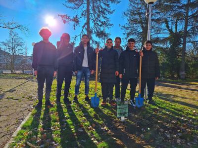 Ученици и учители засадиха дръвчета в двора на ПХГ „Св. Св. Кирил и Методий“ гр. Казанлък 
