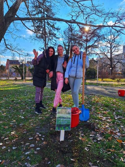 Ученици и учители засадиха дръвчета в двора на ПХГ „Св. Св. Кирил и Методий“ гр. Казанлък 