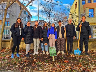 Ученици и учители засадиха дръвчета в двора на ПХГ „Св. Св. Кирил и Методий“ гр. Казанлък 