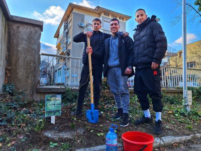 Ученици и учители засадиха дръвчета в двора на ПХГ „Св. Св. Кирил и Методий“ гр. Казанлък 