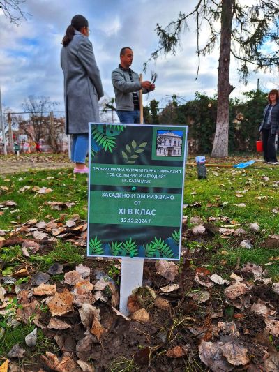 Ученици и учители засадиха дръвчета в двора на ПХГ „Св. Св. Кирил и Методий“ гр. Казанлък 